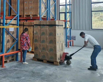 手动液压搬运车助力成箱白酒入库工作